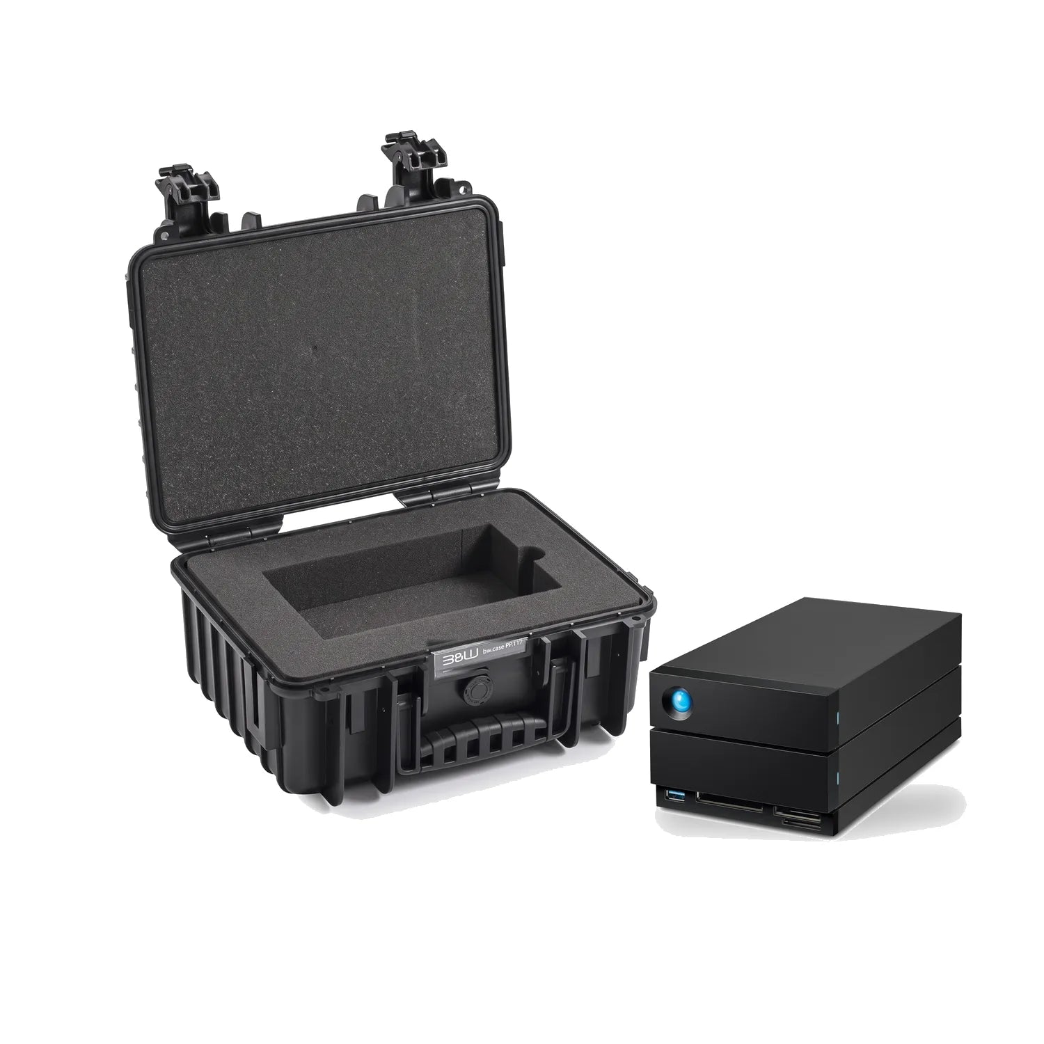 B&W Type 3000 hard case with laser-cut foam, shown beside the LaCie 2big Dock